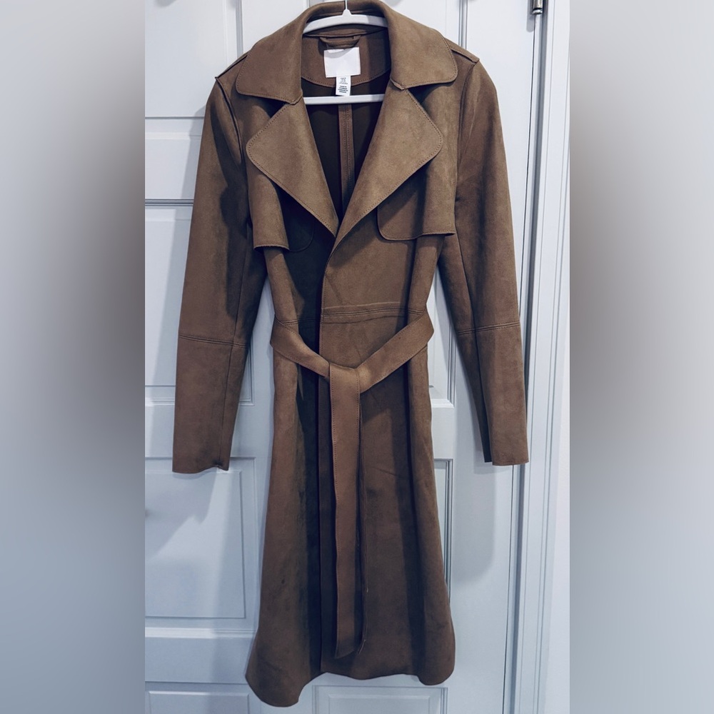 H&M Suede Trench Coat in Brown with Self-Tie Belt.  women’s xs